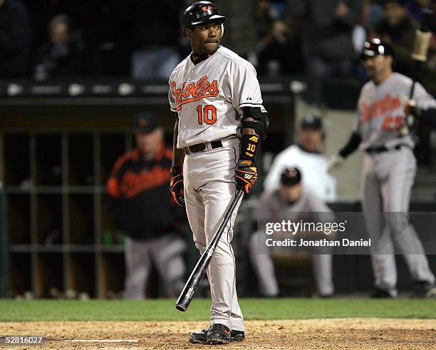 Miguel Tejada of the Baltimore Orioles reacts after striking out with two men on base in the eighth inning against the Chicago White Sox on May 12,...