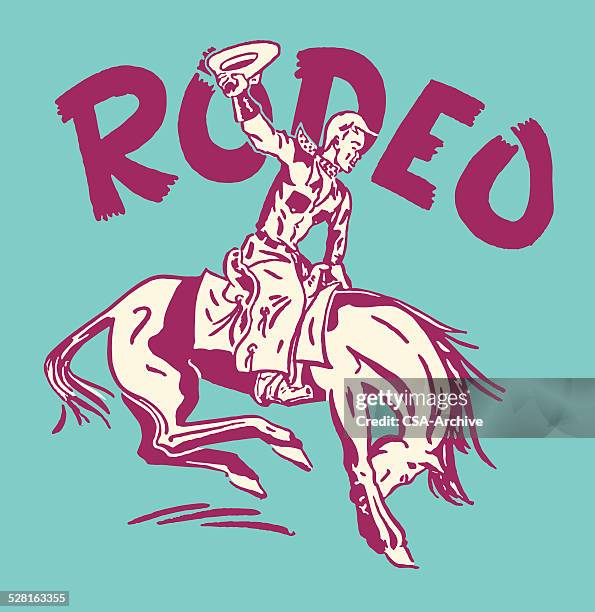 stockillustraties, clipart, cartoons en iconen met rodeo cowboy on bucking bronco - rearing horse with rider