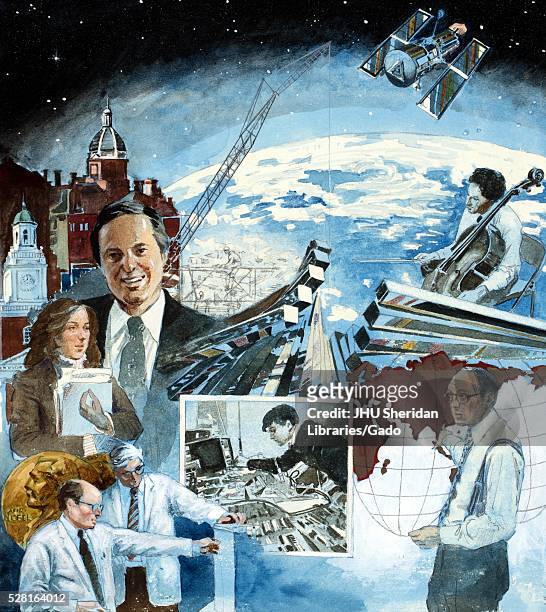 "Portrait of a Decade," a painting by artist Larry Dodd Wheeler, depicting various Johns Hopkins University subjects, such as the Hubble Space...