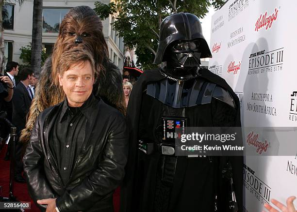 Actor Mark Hamill and the characters Chewbacca and Dark Vader arrive at the "Star Wars Episode III - Revenge Of The Sith" Los Angeles Premiere at the...