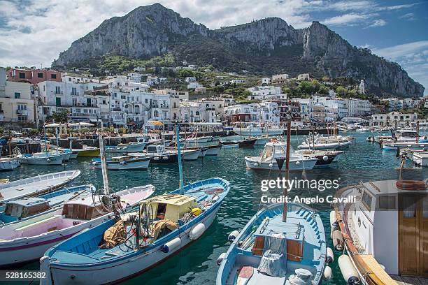 fishing boat in small mediterranean harbour, capri island, campania, italy - sierra capri fotografías e imágenes de stock