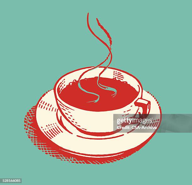 stockillustraties, clipart, cartoons en iconen met steaming hot beverage in cup on saucer - coffee cup