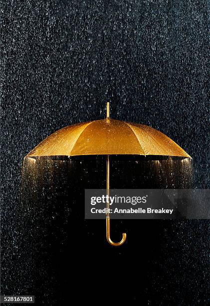 rain with gold umbrella - gold concept stock-fotos und bilder