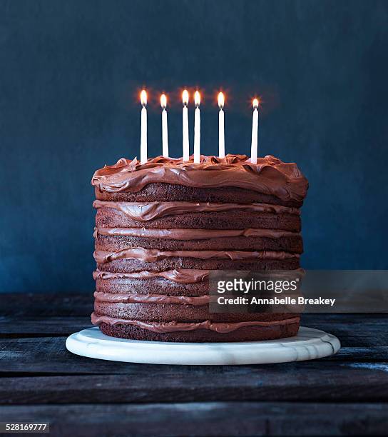 layered chocolate birthday cake with candles - cumpleaños tarta fotografías e imágenes de stock