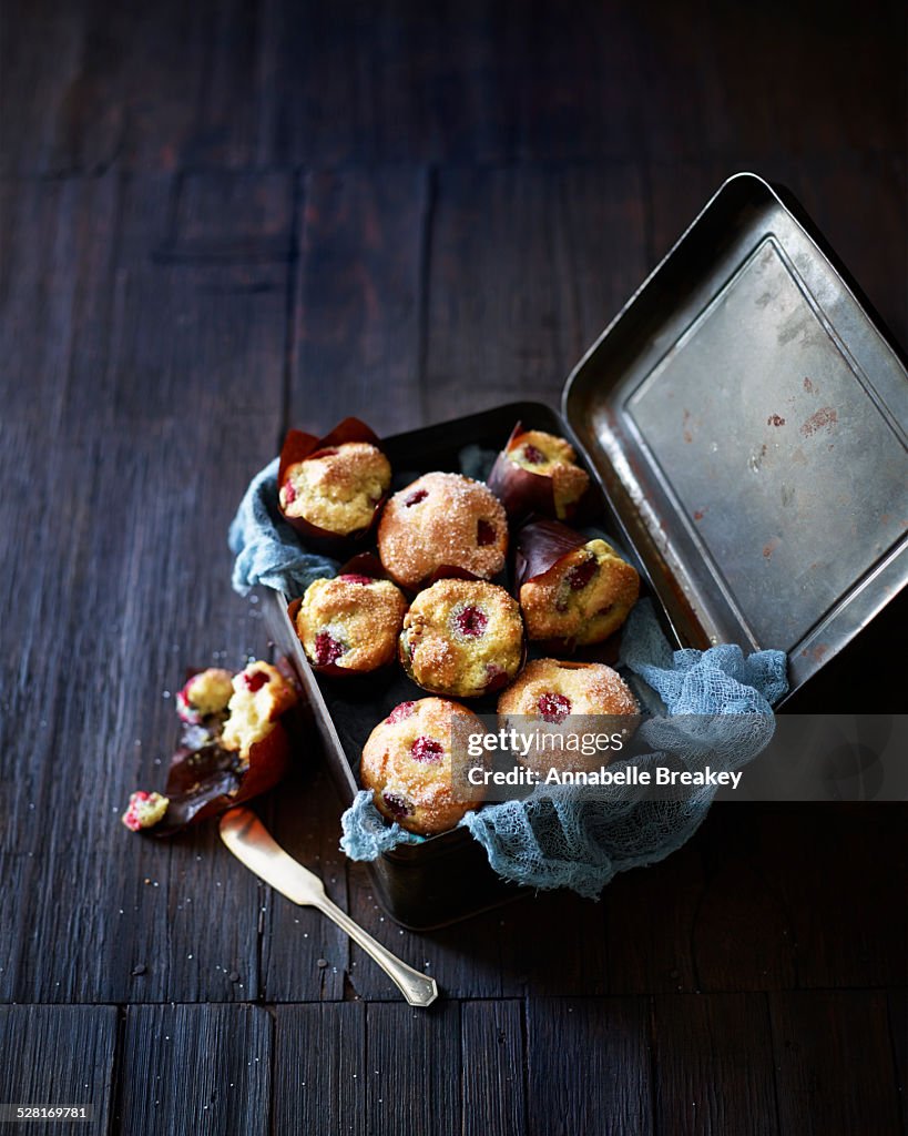 Raspberry Muffins in Vintage Tin