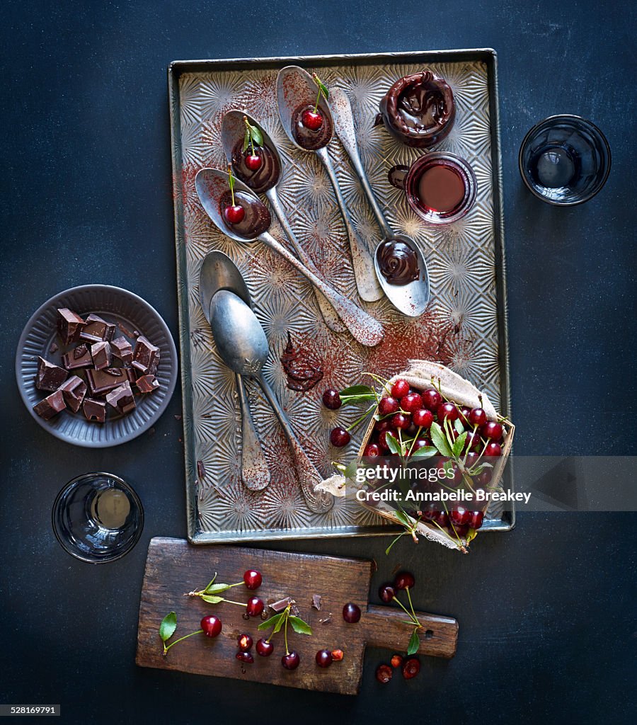 Melted Chocolate Cherry Dessert Spoons Still Life