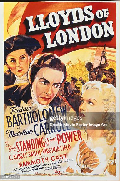 Poster for Henry King's 1936 drama 'Lloyd's of London' starring Tyrone Power, Freddie Bartholomew, and Madeleine Carroll.