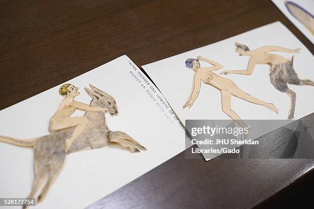 Two separate illustrations, one is of a unclothed human riding a four-legged animal and the other is of a character with the bottom half of a hooved...