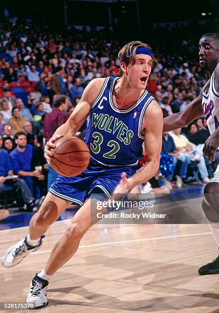 Christian Laettner of the Minnesota Timberwolves drives against the Sacramento Kings circa 1994 at Arco Arena in Sacramento, California. NOTE TO...