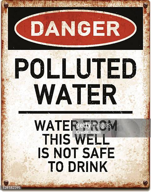 stockillustraties, clipart, cartoons en iconen met weathered metallic placard with danger polluted water text_vector - watervervuiling