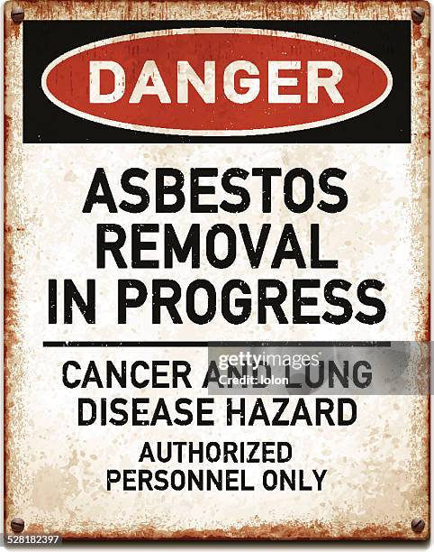weathered metallic placard with danger asbestos removal warning_vector - gas mask stock illustrations