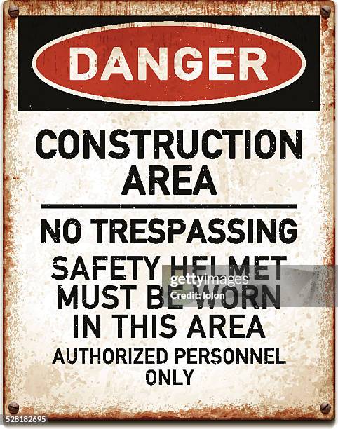 stockillustraties, clipart, cartoons en iconen met weathered metallic placard with danger construction area warning_vector - asbestos