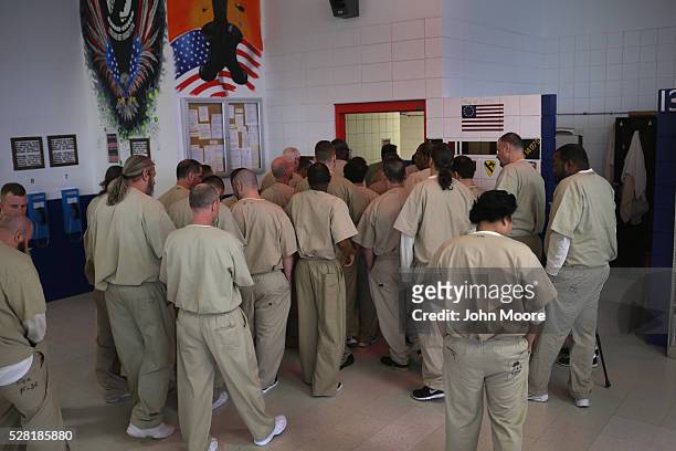 Incarcerated military veterans leave the Veterans Unit at the Cybulski Rehabilitation Center on May 3, 2016 in Enfield, Connecticut. The Veterans...