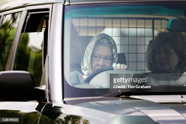 Her Majesty The Queen arrives at Windsor Horse show in her Range Rover to watch her husband, HRH Prince Phillip, The Duke of Edinburgh compete in the...