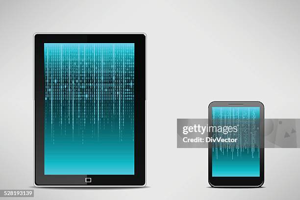 binary code in computer tablet - android phone screen stock illustrations