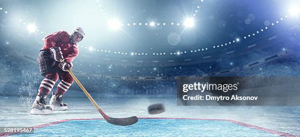 jugador de hockey sobre hielo en acción - hockey rink fotografías e imágenes de stock