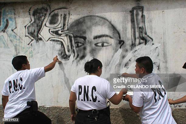Agentes de la Policia Nacional Civil repintan las paredes y muros de las viviendas de Ciudad del Sol, al sur de Ciudad de Guatemala que habian sido...