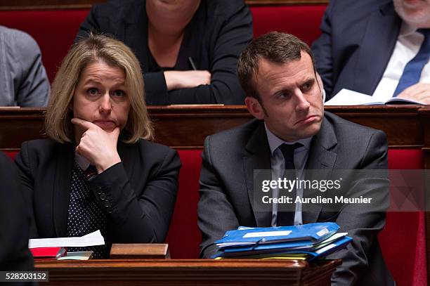 Barbara Pompili, Secretary of State in charge of Biodiversity and French Minister of Economy, Emmanuel Macron react during the weekly questions to...