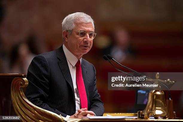 President of the National Assembly, Claude Bartolone, reacts during the weekly questions to the gouvernment at French National Assembly on May 04,...