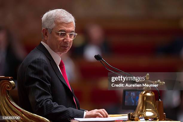 President of the National Assembly, Claude Bartolone, reacts during the weekly questions to the gouvernment at French National Assembly on May 04,...