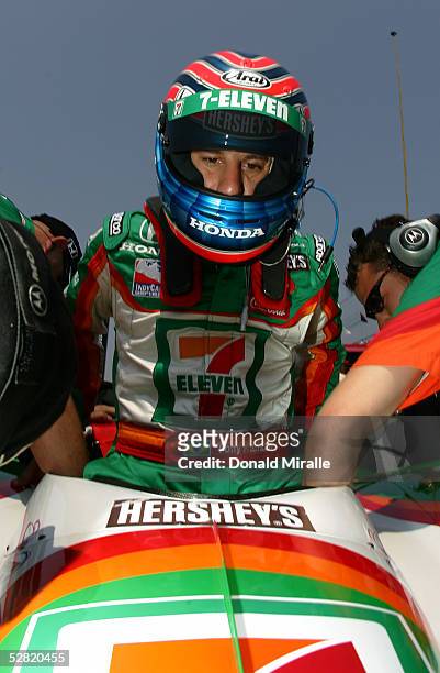 Tony Kanaan, driver of the Team 7-Eleven Andretti Green Racing Dallara Honda, readies himself for practice for the 89th Indianapolis 500-Mile Race at...