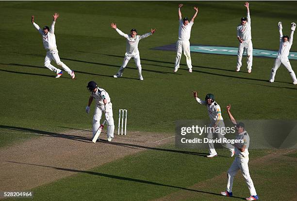 Nottinghamshire players celebrate after Steven Patterson is caught LBW off the bowling of Stuart Broad during the Specsavers County Championship...