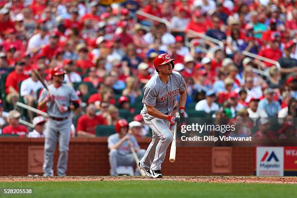 Jordan Pacheco of the Cincinnati Reds bats against the St. Louis Cardinals at Busch Stadium on April 16, 2016 in St. Louis, Missouri.