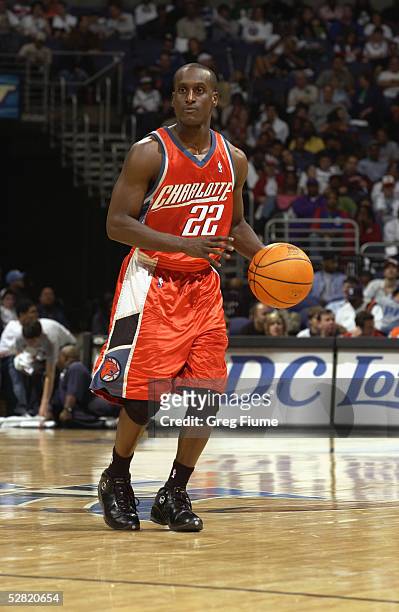 Brevin Knight of the Charlotte Bobcats moves the ball against the Washington Wizards during the game at MCI Center on April 17, 2005 in Washington,...