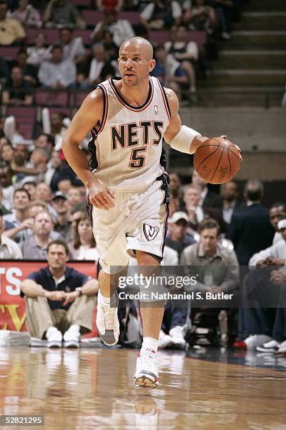Jason Kidd of the New Jersey Nets drives against the Washington Wizards during the game on April 17, 2005 at the Continental Airlines Arena in East...