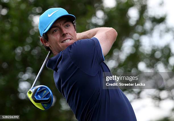 Rory McIlroy hits a tee shot ahead of the 2016 Wells Fargo Championship at Quail Hollow Club on May 11, 2016 in Charlotte, North Carolina.