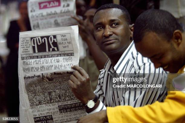 Businesman reads a newspaper 14 May 2005 in the old Mercato in Addis Ababa, Ethiopia. On the eve of Ethiopia's hotly contested general election, a...