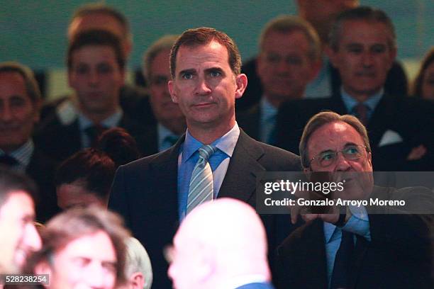 King Felipe of Spain attends the UEFA Champions League semi final, second leg match between Real Madrid and Manchester City FC at Estadio Santiago...