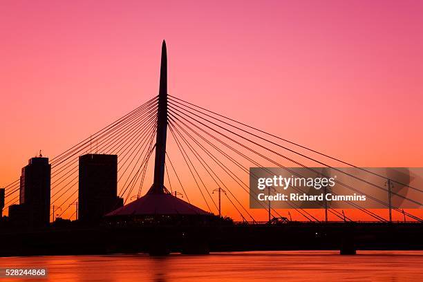 esplanade riel bridge over the red river, winnipeg, manitoba, canada - esplanade riel fotografías e imágenes de stock