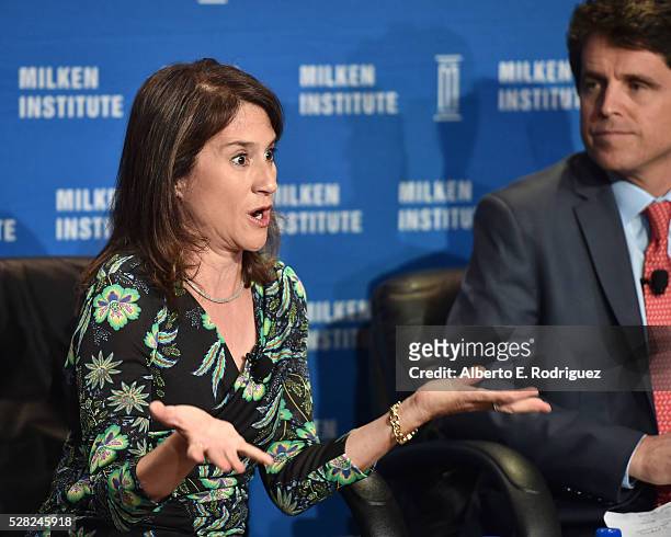 Chair of the board of the Heising-Simons Foundation Elizabeth Simons and President, Save the Children Action Network Mark Shriver speak onstage at...