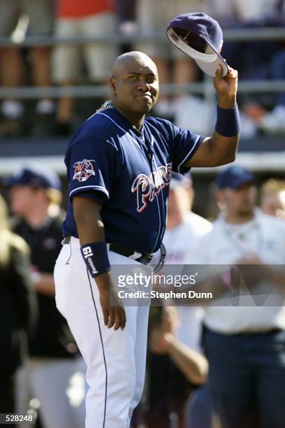 San Diego Padres outfielder Tony Gwynn salutes the crowd during ceremonies prior to their game versus the Colorado Rockies at Qualcomm Stadium in San...