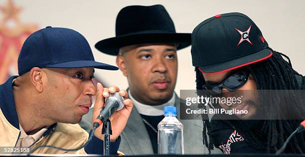 Russell Simmons, Reverend Run and Lil Jon take part in a financial panel at the 1st Financial Hip Hop Summit May 14, 2005 in Detroit, Michigan. The...