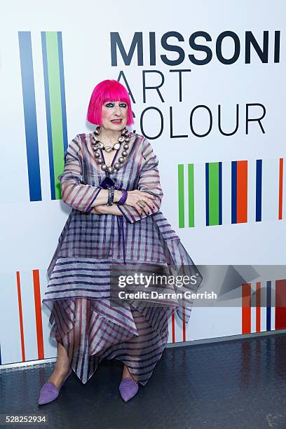 Zandra Rhodes attends the Missoni Art Colour preview in partnership with Woolmark at The Fashion and Textile Museum on May 4, 2016 in London, England.