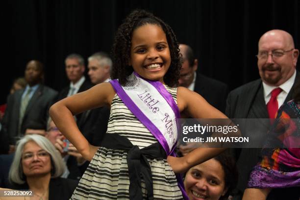 "Little Miss Flint" Mari Copeny poses during an event at Northwestern High School in Flint, Michigan, May 4 where US President Barack Obama met with...