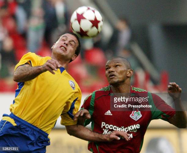 Francisco Lima of Lokomotiv is challenged by Nikolay Shirshov of Rostov during the Russian Premier League match between Lokomotiv Moscow and FC...