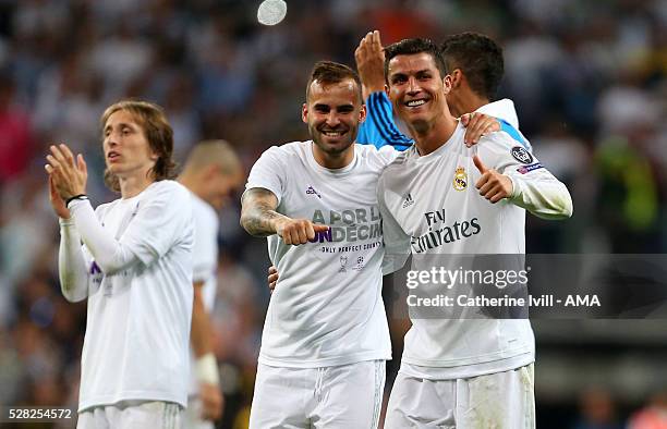 Thumbs up from Cristiano Ronaldo and Jese of Real Madrid after the UEFA Champions League Semi Final second leg match between Real Madrid and...