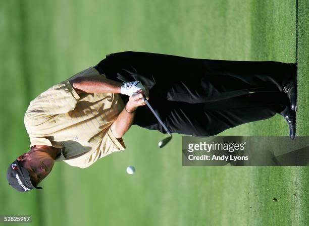 Todd Hamilton hits his third shot on the par 5 16th hole during the third round of the EDS Byron Nelson Championship on May 14, 2005 at the TPC at...
