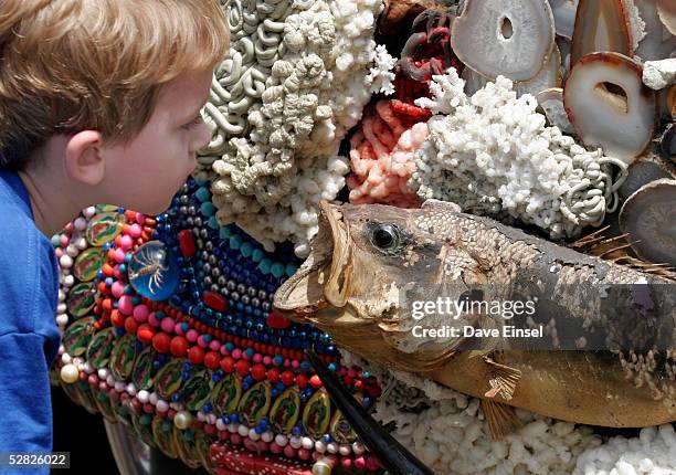 Four-year-old John Cronin checks out a mounted bass that decorates the car "Cigs Kill" during the Everyone's Art Car Parade May 14, 2005 in Houston,...
