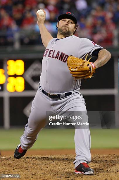 Joba Chamberlain of the Cleveland Indians during a game against the Philadelphia Phillies at Citizens Bank Park on April 30, 2016 in Philadelphia,...