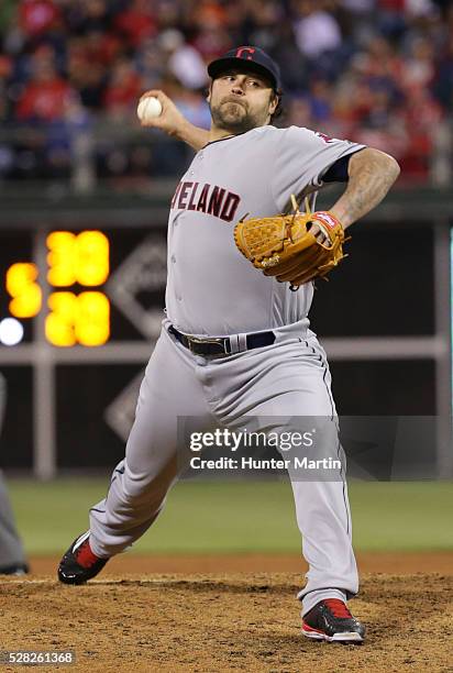 Joba Chamberlain of the Cleveland Indians during a game against the Philadelphia Phillies at Citizens Bank Park on April 30, 2016 in Philadelphia,...