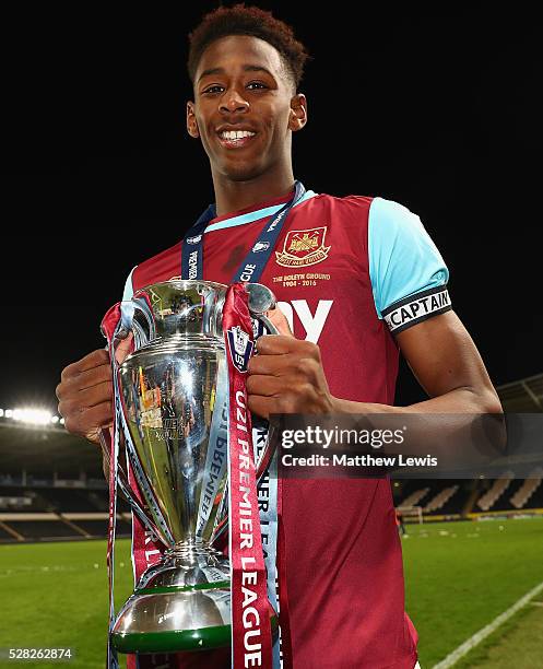 Reece Oxford of West Ham United celebrates his teams win opver Hull City U21's during the Second Leg of the Premier League U21 Cup Final at the KC...