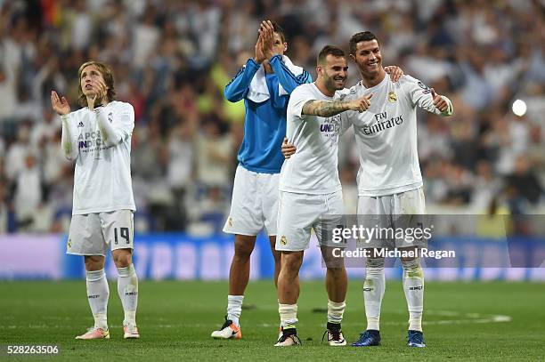 Cristiano Ronaldo of Real Madrid and Jese of Real Madrid celebrate during the UEFA Champions League semi final, second leg match between Real Madrid...