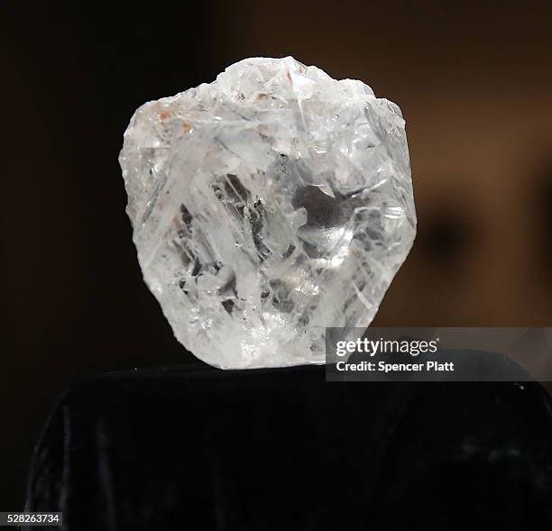 The 1109-carat rough Lesedi La Rona diamond, the biggest rough diamond discovered in more than a century, sits in a display case at Sotheby's on May...