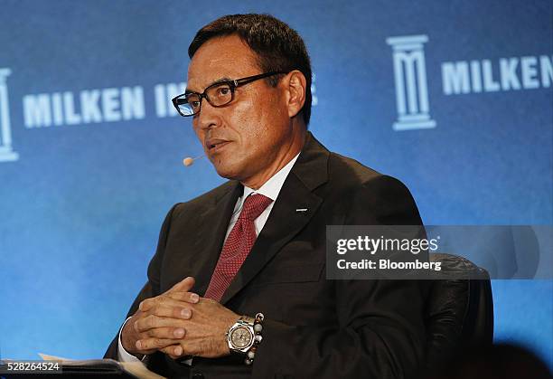 Takeshi Niinami, president and chief executive officer of Suntory Holdings Ltd., speaks during the annual Milken Institute Global Conference in...