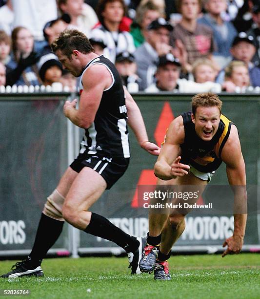 Nathan Brown for the Tigers celebrates a goal during the AFL Round 8 match between the Collingwood Magpies and the Richmond Tigers at the MCG May 15,...