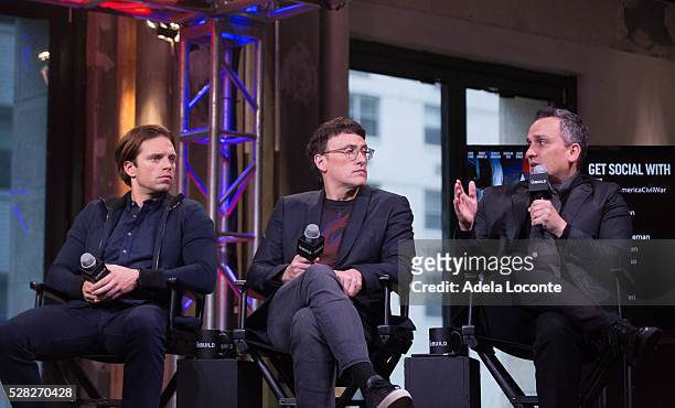 Sebastian Stan, Anthony Russo, and Joe Russo discuss the AOL Speaker Series to discuss "Captain America: Civil War" at AOL Studios In New York on May...
